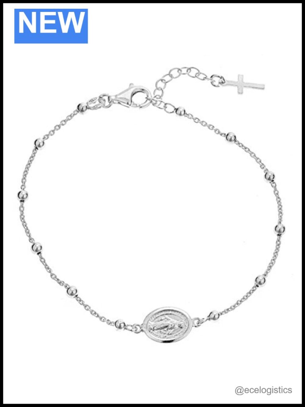 Sterling Silver Rosary Bracelet Miraculous Mary Medal Cross Adjustable